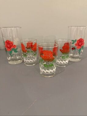 Vintage Rose Print Glass Tumbler Set - 5pc Red Floral Drinkware